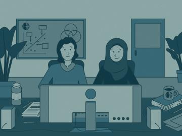 Illustration - two colleagues look at a computer screen