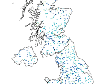 Map of the UK showing river flow stations covered by the UKFlow15 dataset