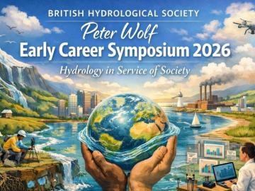 Banner for the symposium, an illustration showing hands holding the planet, surrounded by a river and hydrologists in action 