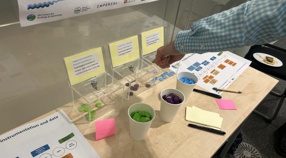 Three coin counting boxes are filled with colourful counters where people have voted for their favourite workshop idea