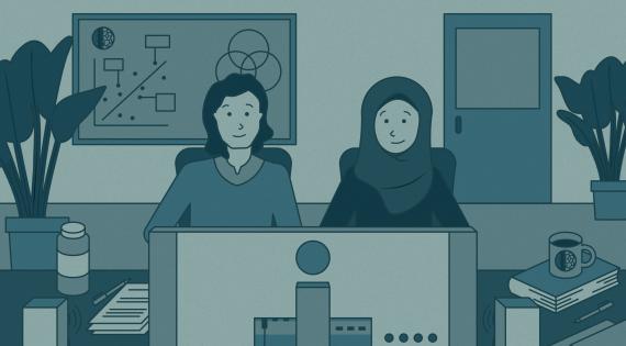 Illustration - two colleagues look at a computer screen