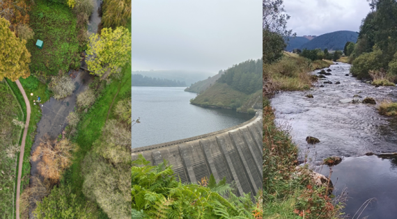 The three catchments side by side: arial shot of the Chess, view of the Llyn Clywedog Reservoir in the Upper Severn, and view of the River Tweed
