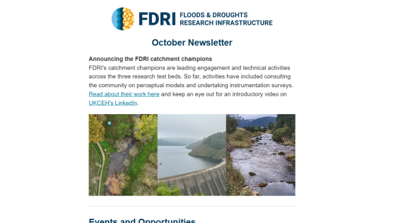 A screenshot of the FDRI newsletter, showing the headline piece about the new FDRI catchment champions and an image of the three FDRI catchments