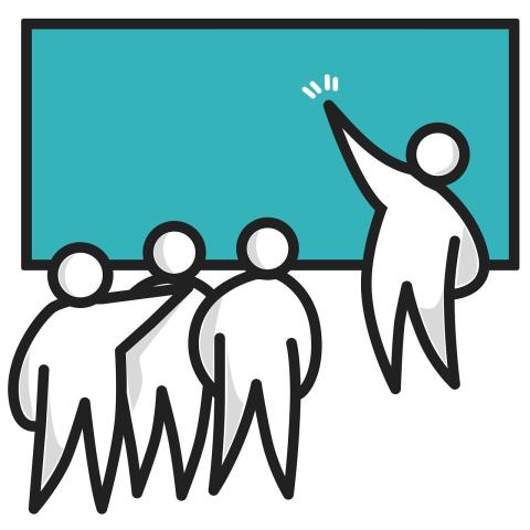 Stylised figures of people looking at a board together