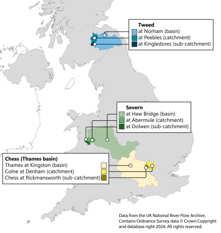 A map showing the three FDRI catchments, the Upper Tweed in Scotland, the Upper Severn in Wales and the Chess near London