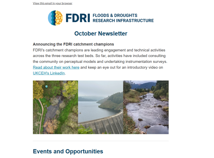 A screenshot of the FDRI newsletter, showing the headline piece about the new FDRI catchment champions and an image of the three FDRI catchments