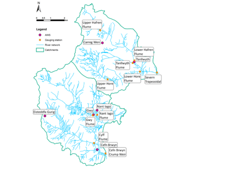 Map of the Plynlimon catchments, streams, and the monitoring sites in this dataset