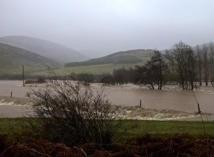 The Upper Tweed catchment during flooding in Spring 2025