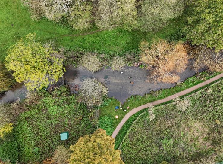 Arial view of the Chess chalk stream, surrounded by foliage 