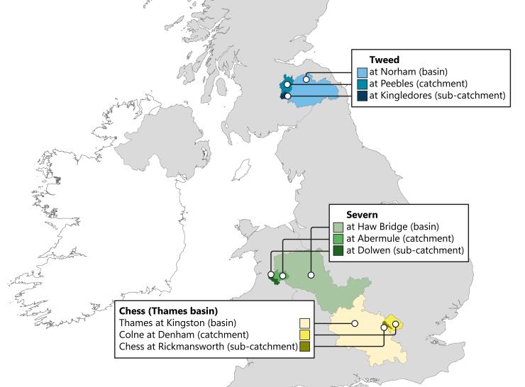 A map showing FDRI catchments, Upper Tweed in Scotland, Upper Severn in Wales and Chess near London